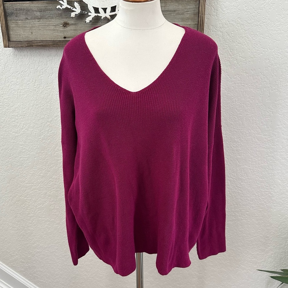 Eileen fisher v-neck pullover sweater organic cotton purple ladies size L NWT